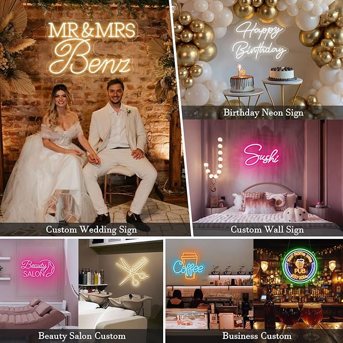 Custom Neon Sign, Personalized Dimmable LED Neon Light Signs Custom, Neon Sign Customizable for Wall Decor Wedding Birthday Party Bedroom Man Cave Beauty Bar Business Signs Gift