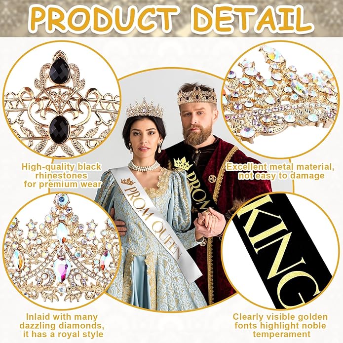 4 Pcs Gold King Crown Tiara Crowns for Men Women Prom King and Queen Crowns with Satin Sash Rhinestone Crystal Crown Queen Tiara Sash for Wedding Graduation Birthday Party Halloween