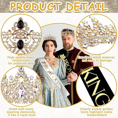 4 Pcs Gold King Crown Tiara Crowns for Men Women Prom King and Queen Crowns with Satin Sash Rhinestone Crystal Crown Queen Tiara Sash for Wedding Graduation Birthday Party Halloween