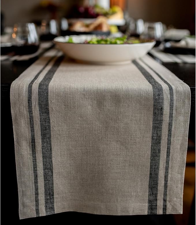 Solino Home Linen Table Runner 60 Inches - 100% Pure Linen Black and Natural French Stripe Table Runner 14 x 60 Inch Ideal for Dresser and Coffee Tables - Fall, Holiday