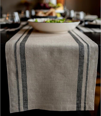 Solino Home Linen Table Runner 144 Inches Long - 100% Pure Linen Black and Natural French Stripe Table Runner 14 x 144 Inch for Dining