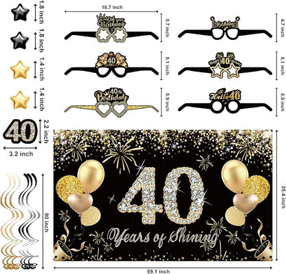 40th Birthday Decorations,39pcs-40th Birthday Decorations for Men & Women,Black Gold 40th Birthday Eyeglasses Decorations Banner Balloons Backdrop Hanging Swirls Paper Fans ,1985 Banner Party Supplies