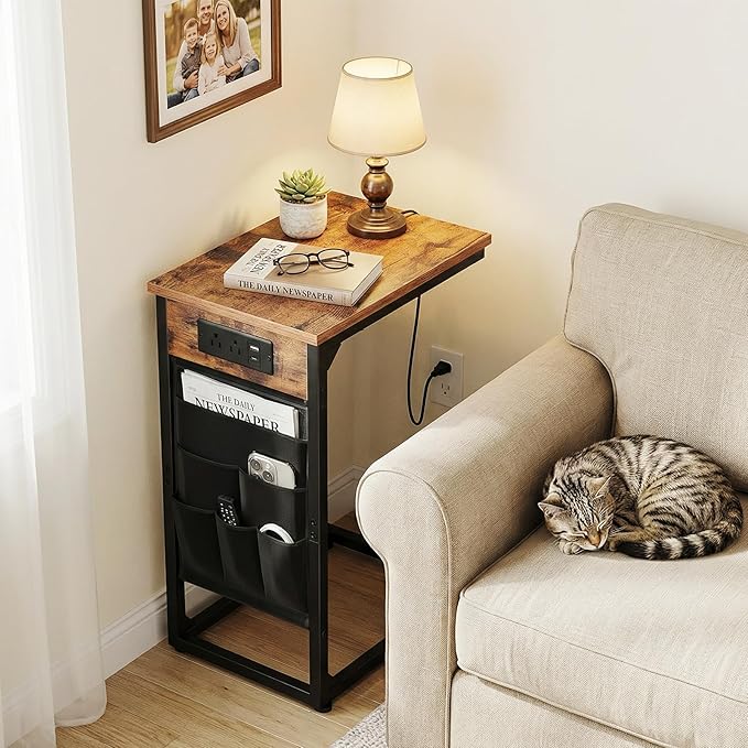 AMHANCIBLE C Shaped End Table with Charging Station, TV Tray Set of 2, Couch Tables with Storage Bag, Slide Under Sofa Side Table with USB Ports and Outlets for Living Room, Rustic Brown HET04CBR