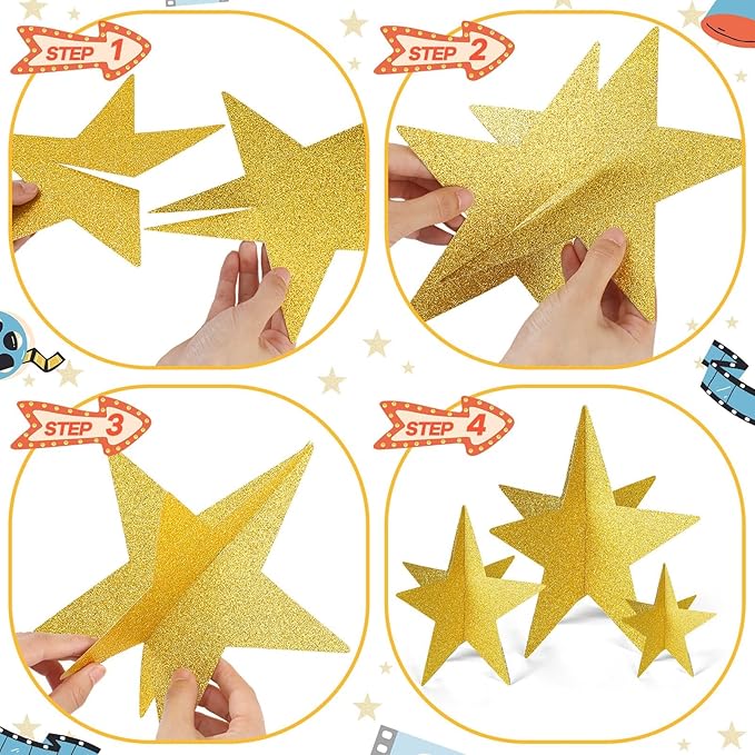 70 Pcs Star Centerpieces for Movie Night Party Decorations 3D 2025 Graduation Table Decor 3 Sizes 8" 5" 3" Red Carpet Film Show Theme Birthday Party Back to School Table Decor （Gold）
