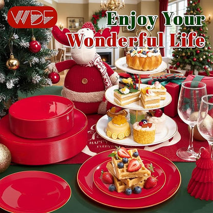 WDF 300Pcs Red Disposable Plates - Christmas Plates - 50guest Disposable Dinnerware Include 50 Dinner Plate, 50 Dessert Plate, 150 Cutlery & 50 9oz Cups for Christmas & Parties