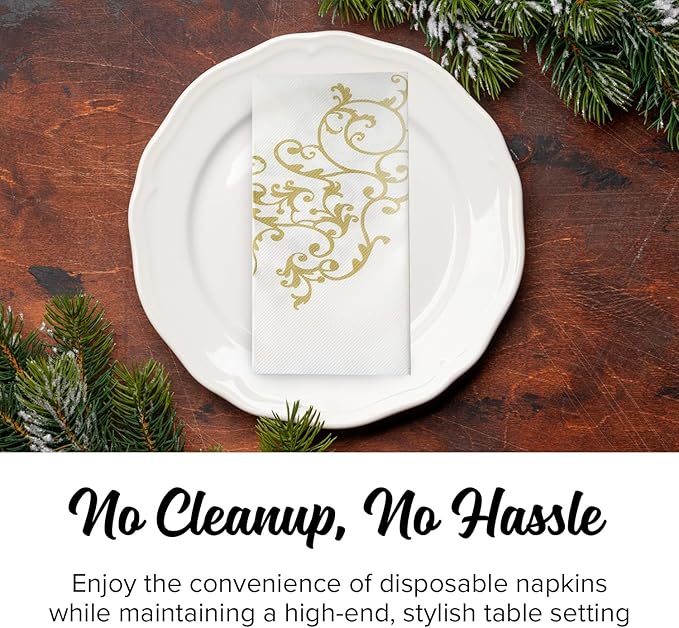 SimuLinen Gold & White Dinner Napkins - Disposable Linen Feel Decorative Cloth-Like Large Napkins - Elegant, Soft, Absorbent & Durable Airlaid Material (19"x17" - Box of 300)