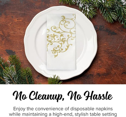 SimuLinen Gold & White Dinner Napkins - Disposable Linen Feel Decorative Cloth-Like Large Napkins - Elegant, Soft, Absorbent & Durable Airlaid Material (19"x17" - Box of 300)