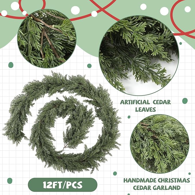 Jutom 1 Pcs 12 ft Thick Christmas Cedar Garland Artificial Realistic Soft and Flexible Full Faux Green Cedar Pine Garland for Home Indoor Xmas Holiday Mantle Fireplace Party Decoration