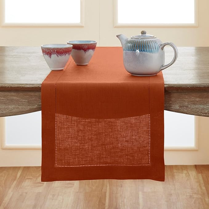 Solino Home Linen Cinnamon Hemstitch Table Runner 60 Inches - 100% Pure Linen Small Table Runner 14 x 60 Inch Ideal for Dresser and Coffee Tables - Classic Hemstitch - Fall, Autumn