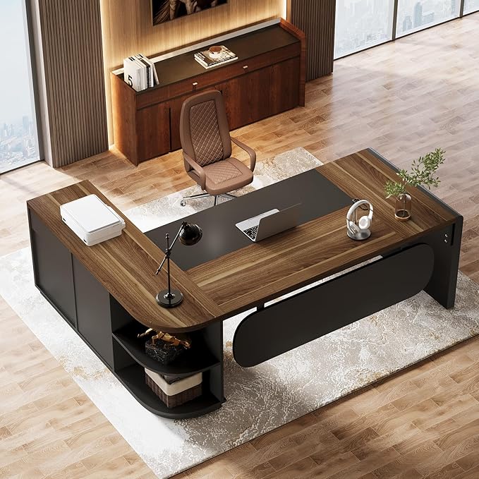 Tribesigns 80'' L-Shaped Desk Set of 4, Large Executive Office Desk with 55'' Drawers Cabinet, Modern Computer Table with Storage Shelves, Business Furniture for Office, Brown