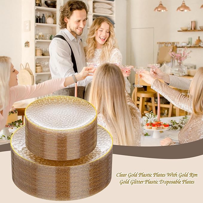 Rubtlamp 60Pcs Clear Gold Plastic Plates, Gold Glitter Disposable Plates, Hammered Plastic Plates Included 30 Dinner Plate And 30 Dessert Plate for Weddings Party Birthday