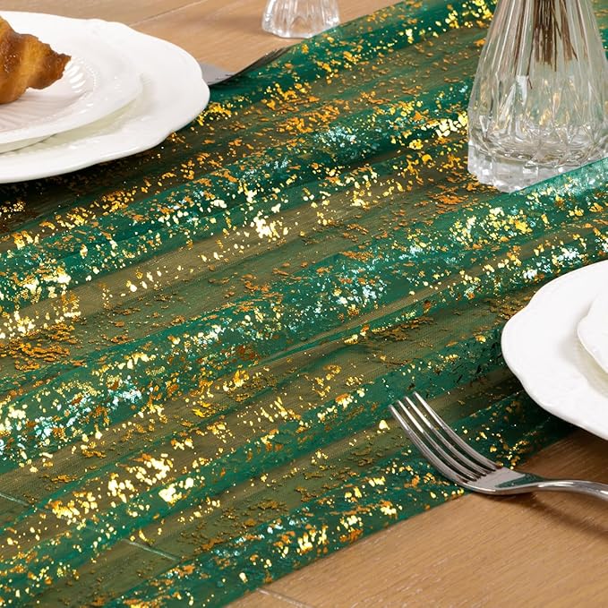 Green Gold Table Runner Sheer Gauze Cheesecloth Runner 120 Inch Glitter Wedding Anniversary Party Decor for Dining Table Home Celebration