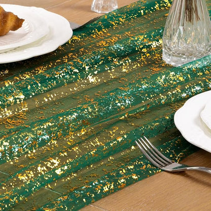 Green Gold Table Runner Sheer Gauze Cheesecloth Runner 120 Inch Glitter Wedding Anniversary Party Decor for Dining Table Home Celebration