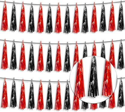 3P Metallic Fringe Tassel Banner Garland Foil Tinsel Streamer Wall Hanging Curtain Backdrop Banner for Parade Floats, Halloween Decorations, Christmas Day Party Decoration(Black red)