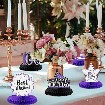Happy 100th Birthday Decorations,100th Bday Purple Glitter Shiny Stand Honeycomb Table Centerpieces - Cheers to 100 Years Old Birthday Party Photoprop Gift Sign.