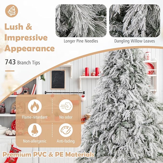 GOFLAME 7ft Pre-Lit Christmas Tree Snow Flocked, Hinged Artificial Xmas Tree with 743 Branch Tips, 320 Warm White LED Lights, Willow Leaves, Holiday Decoration Tree for Home Office Party