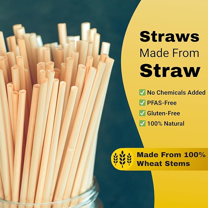 HAY! Straws® 7.75" Regular Drinking Straws | 100ct Disposable Natural Wheat Stem Straws | Never Soggy, Neutral-Taste | 100% Biodegradable | Alternative to Plastic and Bioplastic Straws