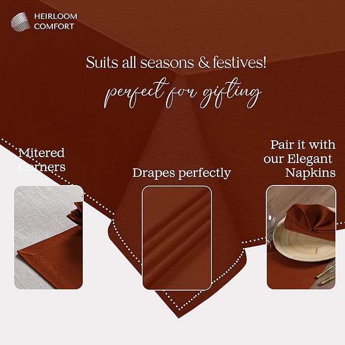 Rust Cotton Tablecloth, Tabletop 52x70 Inch, Fits 4-6 Seats, Soft, Durable, Washable, Wrinkle Resistant, Rectangle Table Cloth for Dining, Thanksgiving, Fall Decor, Family Gathering