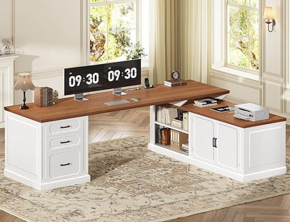 SEDETA Farmhouse L Shaped Desk with Drawers, 70.9" Home Office Desk with Storage Cabinet and Storage Shelves, L Shaped Computer Desk with Power Outlet，White