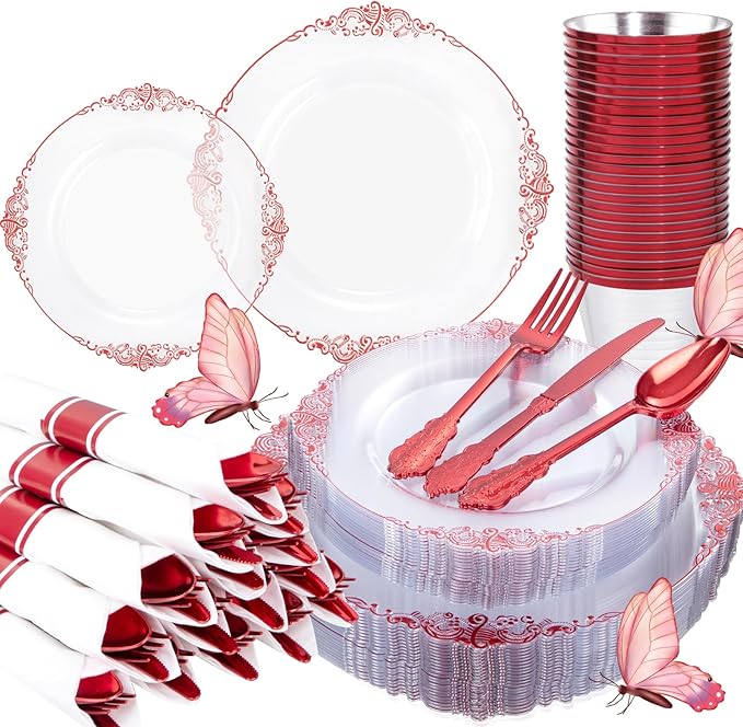 Hioasis 175pcs Clear Red Plastic Plates - Elegant Disposable Dinnerware Set Suitable for 25 Guests Include 10.25" Dinner & 7.5" Dessert Plates, Pre Rolled Silverware Set, Cups for Party & Christmas