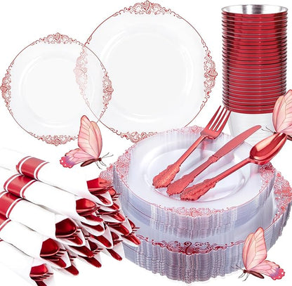 Hioasis 175pcs Clear Red Plastic Plates - Elegant Disposable Dinnerware Set Suitable for 25 Guests Include 10.25" Dinner & 7.5" Dessert Plates, Pre Rolled Silverware Set, Cups for Party & Christmas
