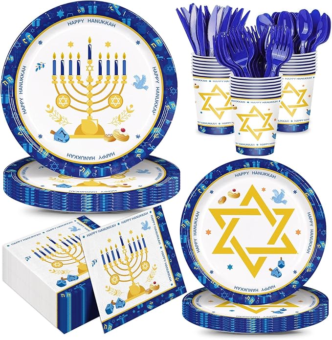 168pcs Hanukkah Party Supplies Include Plates Napkins Cups Forks for Hanukkah Deco Paper Disposable Party Tableware Set Serve 24 Guests