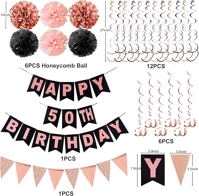 50th Birthday Decorations for Women, Black Rose Gold 50th Birthday Party Decorations, Including Happy 50th Birthday Banner, Hanging Swirls, Honeycomb.