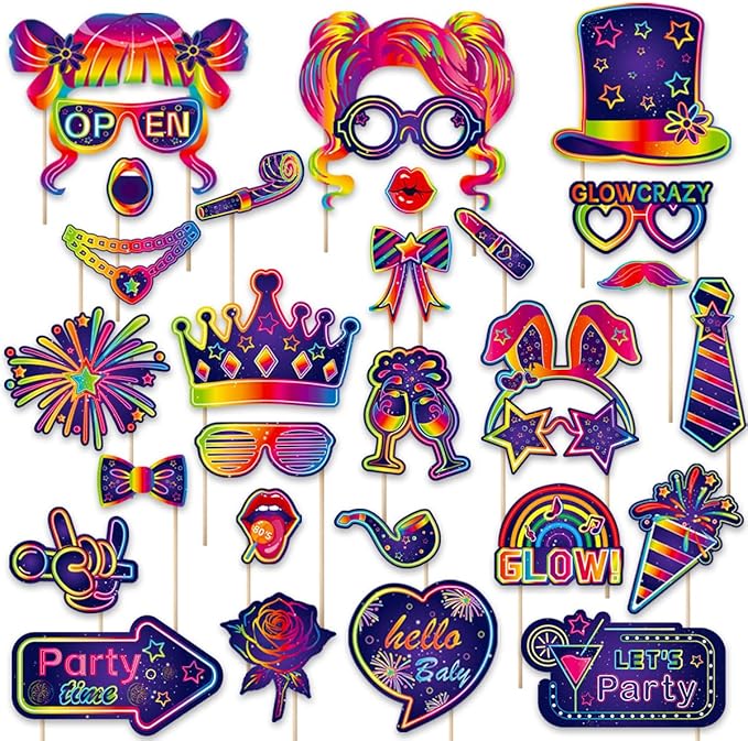 25pcs Glow Neon Photo Booth Props with Sticks | Let's Glow Themed Party Supplies for Birthday, Disco, Black Light & Neon Glow Parties | 25 Designs (Hats, Glasses, Balloons & More)