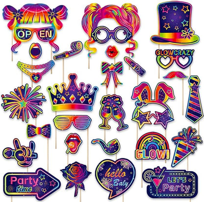 25pcs Glow Neon Photo Booth Props with Sticks | Let's Glow Themed Party Supplies for Birthday, Disco, Black Light & Neon Glow Parties | 25 Designs (Hats, Glasses, Balloons & More)