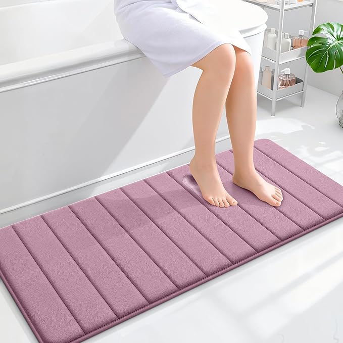 OLANLY Memory Foam Long Bathroom Rugs Runner 47x20, Super Soft Absorbent Bath Mat, Quick Dry, Machine Washable Shower Floor Rugs, Bathmat Carpet, Bathroom Home Decor Accessories, Deep Plum