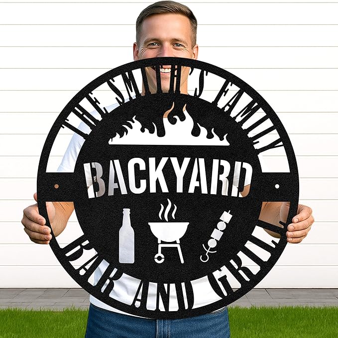 Custom BBQ Hideout Metal Sign, Personalized Grill Cut Name Wall Decor for Patio, Rustic Outdoor Barbecue Gift Idea