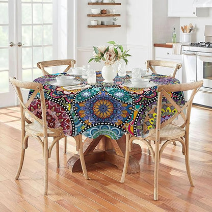 Eikione Boho Round Tablecloth 70 Inch Bohemia Table Cloth, Tablecloth Polyester Waterproof Stain Wrinkle Free, Indoor and Outdoor Round Table Cover