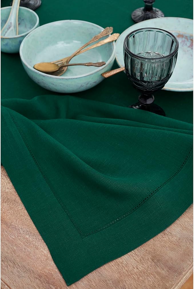 Solino Home Linen Placemats Set of 4 - Classic Hemstitch Rainforest Green Placemats 14 x 19 Inch - 100% Pure Linen Table Mats for Fall, Autumn, Christmas, Holiday, Winter, New Year