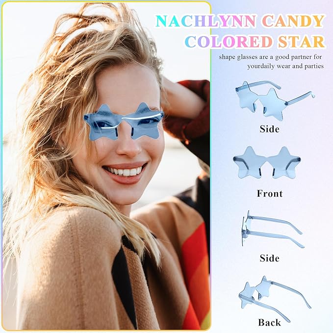NACHLYNN 24 Pcs Transparent Sunglasses Multicolor Rimless Star Shaped Sunglasses Pentagram Glasses for Costumes Cosplay