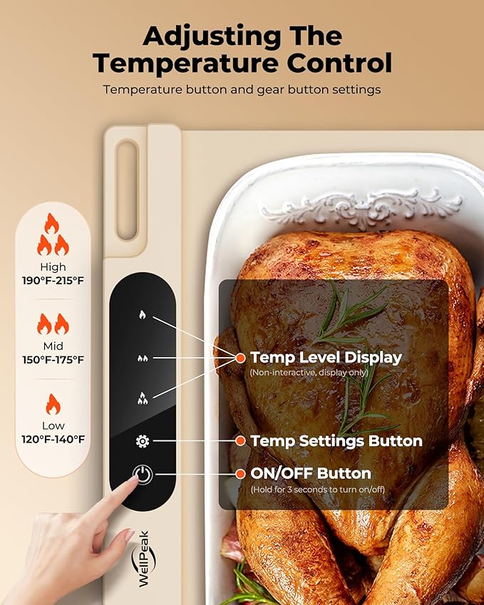 Electric Warming Mat for Food - Full Surface Fast Heating Silicone Tray with 3-Level Temperature, Auto-Off, Raised Feet for Table Protection, Versatile Warmer for Gatherings Parties Buffets