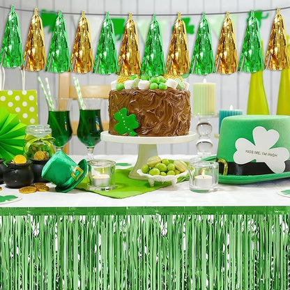 3P Sage-Green Gold Tassel Banner Garland Metallic Foil Fringe Banner Tinsel Tassels Streamer Banner Backdrop for Parade Floats, Graduation Decorations, Woodland Party Decoration