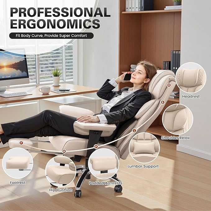 Office Desk Chair, Big and Tall Leather Gaming Chair with Footrest, Wide Ergonomic Comfy Executive High-Back Reclining Computer Chairs, Swivel Rolling Wheels and Padded Lumbar Support, Beige