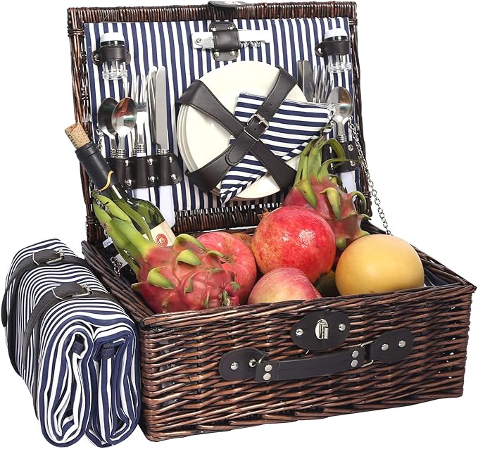 Picnic Basket for 4 Persons with Waterproof Picnic Blanket and Insulated Cooler, Large Wicker Picnic Basket for Camping, Outdoors, Valentine's Day, Christmas, Birthday, Wedding Gift
