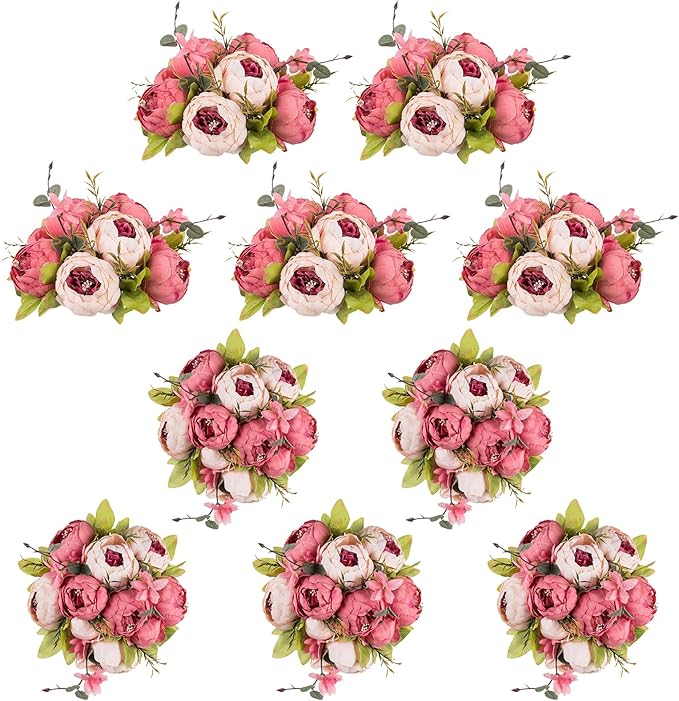 NUPTIO Flower Balls Flowers for Centerpieces: 10 Pcs 9.4 inch Diam Dark Pink Artificial Peony Fake Flower Ball Arrangement Bouquet Wedding Centerpieces for Tables Wedding Centerpiece Decorations