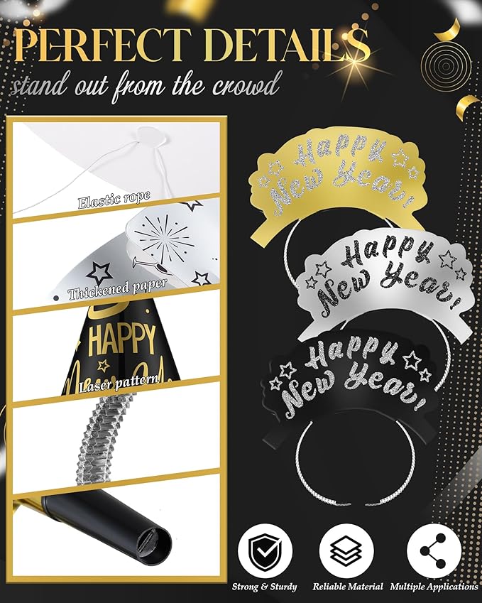 Wettarn 144 Pcs New Years Party Supplies 2026 Happy New Year Decorations Includes 24 Hats, 24 Tiaras, 48 Squawkers, 48 Leis