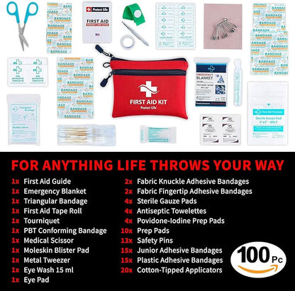 Protect Life First Aid Kit, Travel First Aid Kit for Car, 100 Piece Compact Emergency Preparedness Starter Kit for Home, Office, Camping, Hiking