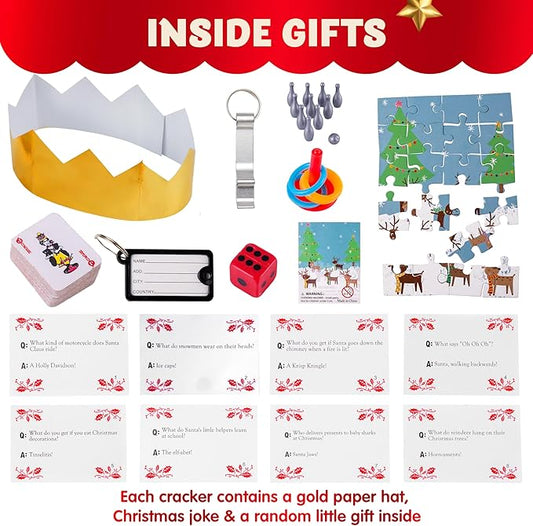 JOYIN 8 Pcs 10” Christmas Non-Snap Party Table Favor with Classic Design, with Party Hat, Joke & Little Gift Inside, for Xmas Gift, Christmas Seasonal Holiday Dinner Traditions
