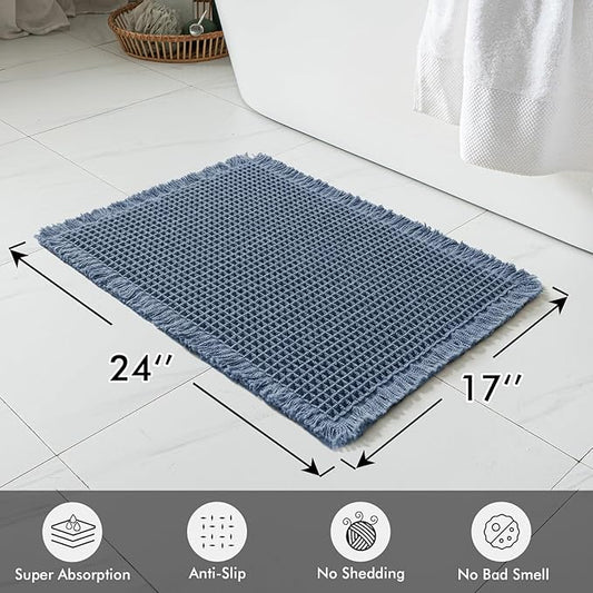 MIULEE Set of 2 Waffle Bathroom Rugs, Boho Bath Rugs Non Slip Washable, Super Absorbent Bath Mats, Ultra Soft Rubber Backed Shower Mats for Bathroom Floor, Tub and Shower, Blue, 17x24 Inch