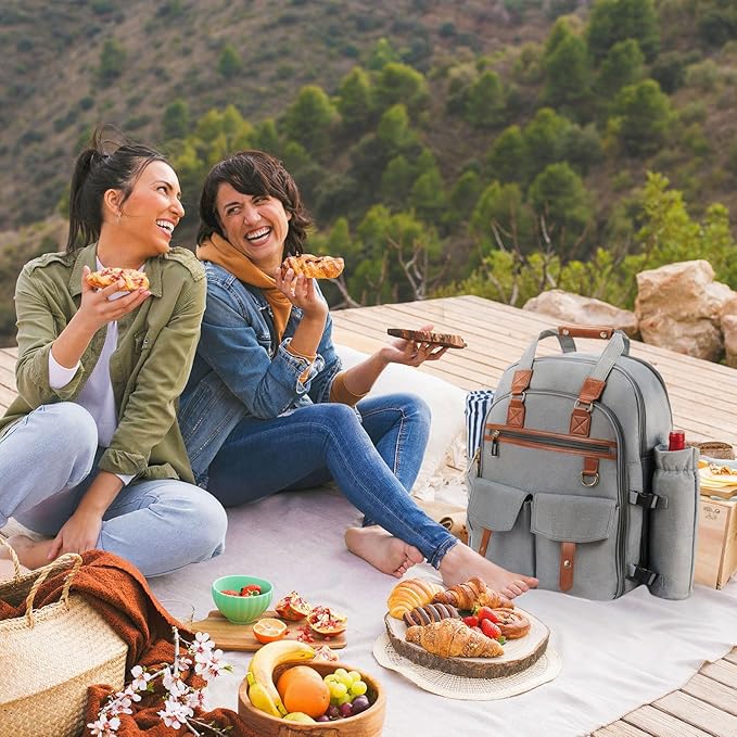 Picnic Backpack Bag for 4 Person with Cooler Compartment and Wine Holder,Fleece Blanket,Cutlery Set,for Camping,Beach,Day Travel,Hiking,BBQ and Family/Couples Gifts,Accessories,Supplies(Light Gray)