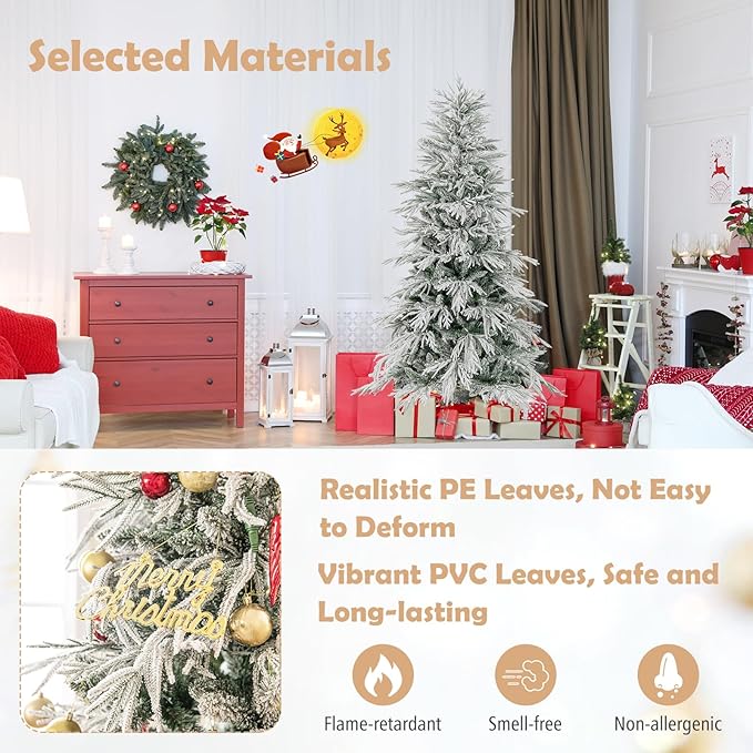 GOFLAME 6FT Pre-lit Artificial Christmas Tree, Snow Flocked Hinged Xmas Tree with 250 Warm White LED Lights, 594 Branch Tips and Folding Metal Stand, Holiday Decoration Tree for Home Party