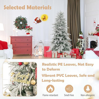 GOFLAME 6FT Pre-lit Artificial Christmas Tree, Snow Flocked Hinged Xmas Tree with 250 Warm White LED Lights, 594 Branch Tips and Folding Metal Stand, Holiday Decoration Tree for Home Party