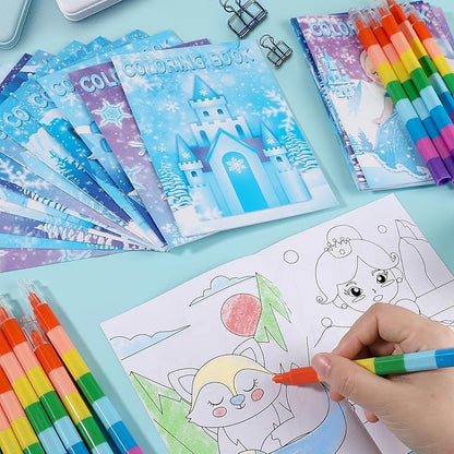 BenLouis 24 Frozen Mini Coloring Books with 24 Stacking Crayons Party Favors Winter Snowflake Themed Activity Book Crafts Bulk for Kids Frozen Birthday Goodie Bag Stuffers Christmas Classroom Supplies