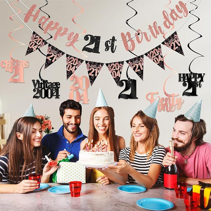 21st Birthday Decorations for Her, Black Rose Gold Happy 21st Birthday Banner Hanging Swirls Vintage 2004 Decorations Kit Cheers to 21 Party Supplies