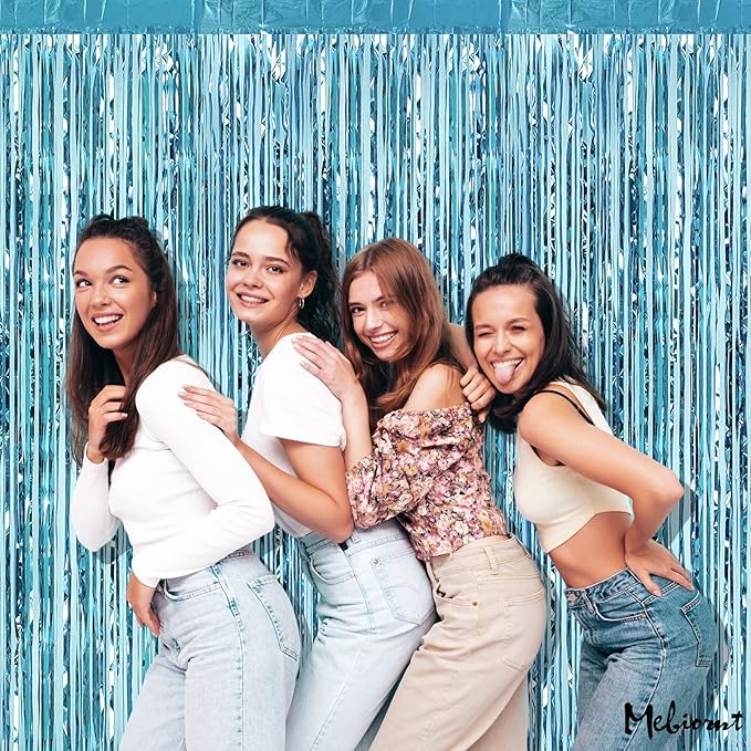 4 Pack Light Blue Fringe Curtain Backdrop, 3.2Ft x 8.2Ft Metallic Tinsel Foil Fringe Streamers Curtains Background for Photo Booth Birthday Wedding Baby Shower Party Thanksgiving Christmas Decorations