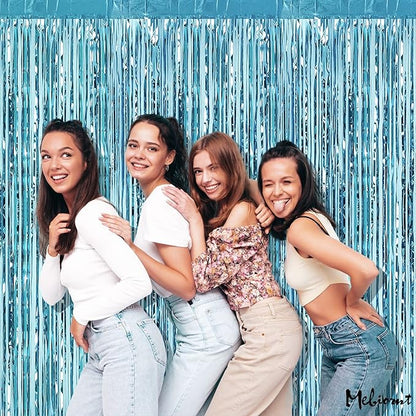 4 Pack Light Blue Fringe Curtain Backdrop, 3.2Ft x 8.2Ft Metallic Tinsel Foil Fringe Streamers Curtains Background for Photo Booth Birthday Wedding Baby Shower Party Thanksgiving Christmas Decorations